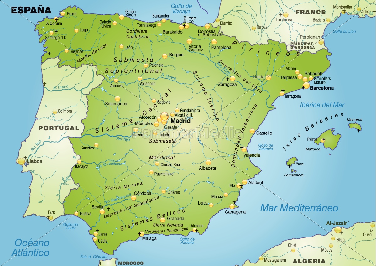 Spanien Kort kort over spanien som et oversigtskort i grøn   Royalty Free Image  Spanien Kort